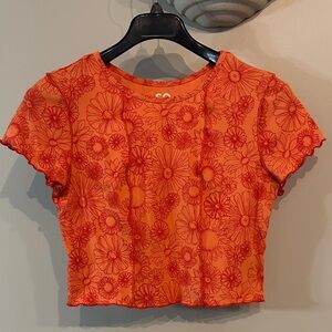 SO Vibrant Orange Floral Crop Top with lettuce hem
